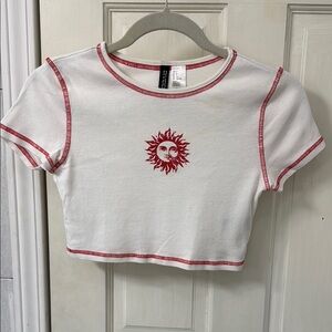 100% Cotton White Crop Top with Red Sun Design, Small